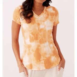 (NWOT) CUDDL DUDS • Orange/White Ochre Tie Dye Wide Ribbed V-Neck Tee, XS